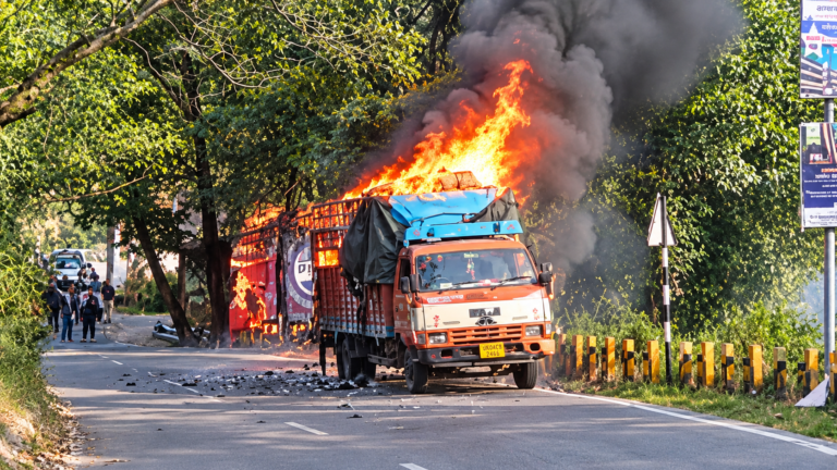 नैनीताल के ज्योलीकोट में राशन-पटाखों से भरे ट्रक में लगी भीषण आग, धमाकों से दहशत में आए लोग